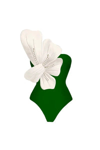Grünes Badeanzug-Set mit Perlen- und Blumenverzierung im modernen Stil