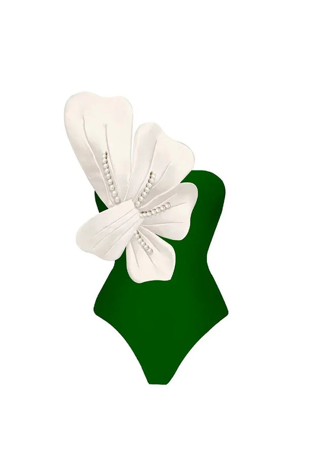 Grünes Badeanzug-Set mit Perlen- und Blumenverzierung im modernen Stil