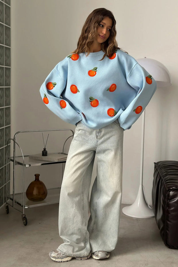 Mädchen Pullover aus orangefarbenem, floriertem Strick im modernen Stil