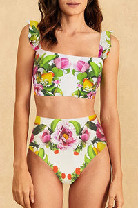 Bikini-Set mit Blumenmuster und hoher Taille im modernen Stil