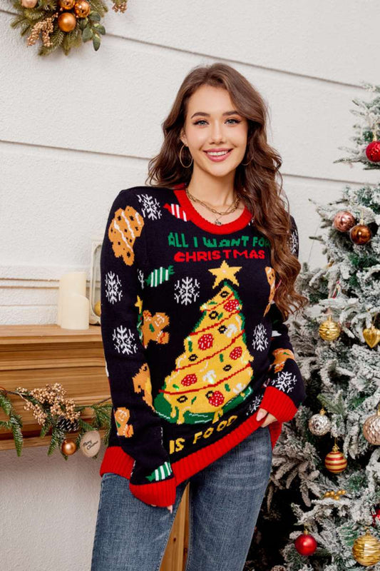 Lässiger, bestickter Weihnachtsbaumpullover mit Rundhals