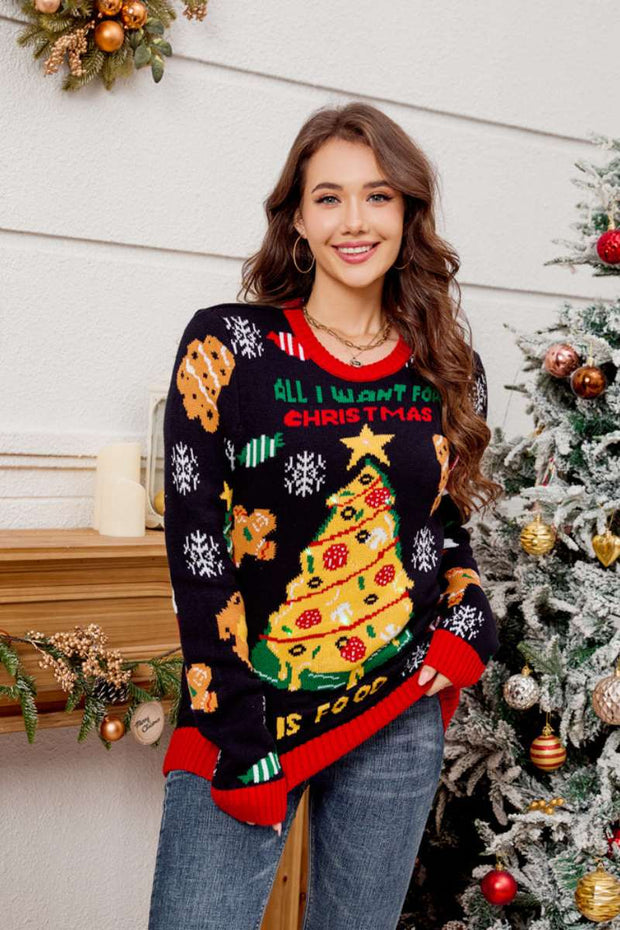Lässiger, bestickter Weihnachtsbaumpullover mit Rundhals
