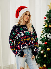 Rundhalspullover mit Pailletten – Schneemann & Weihnachtsbaum im modernen Stil