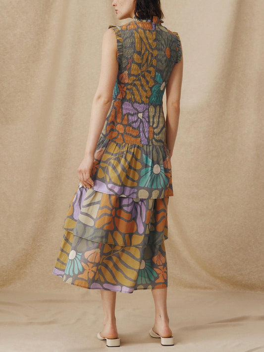 Mehrfarbiges Kleid in Midi-Länge mit botanischem Druck