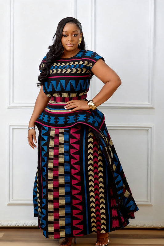 Mehrfarbiges afrikanisches Druck-Peplum-Langes Kleid
