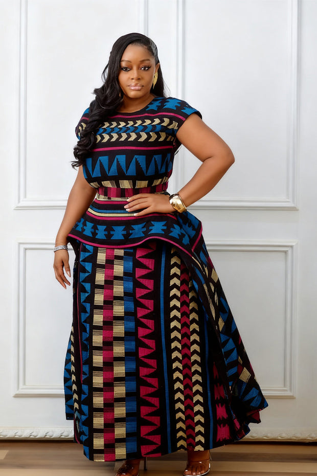 Mehrfarbiges afrikanisches Druck-Peplum-Langes Kleid