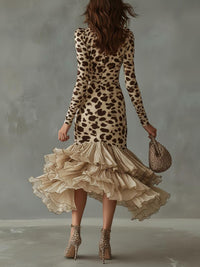 Midi-Kleid mit Leopardenmuster und Volants, vorne kurz, hinten lang im modernen Stil