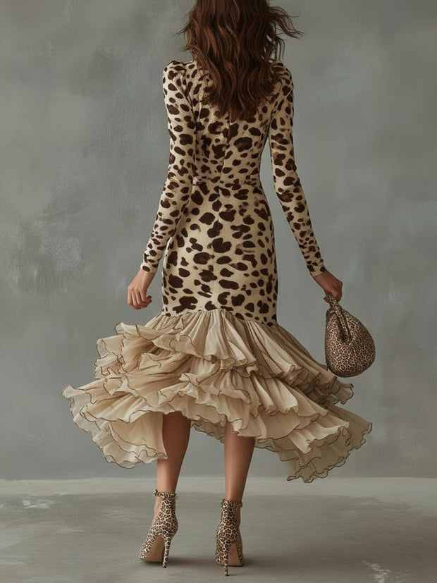 Midi-Kleid mit Leopardenmuster und Volants, vorne kurz, hinten lang im modernen Stil