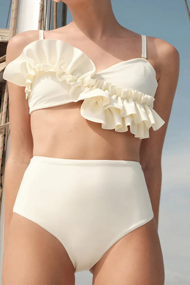 Französisches Rüschen-Bikini-Set in Uni-Farbe im modernen Stil