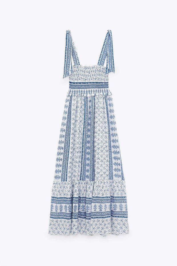 Bedrucktes Kleid in Midi-Länge „Helga“ mit gerafften Trägern