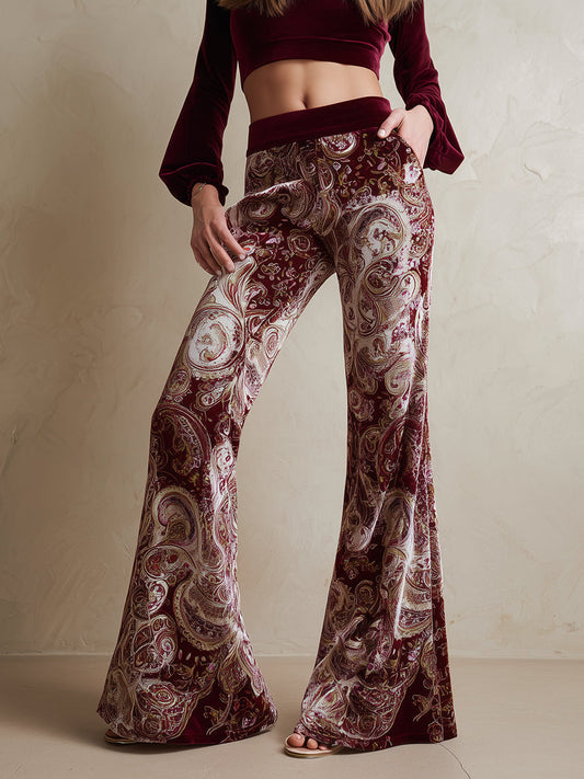 Vintage Western Paisley-Muster Burgunderroter Samt Schlaghose im modernen Stil