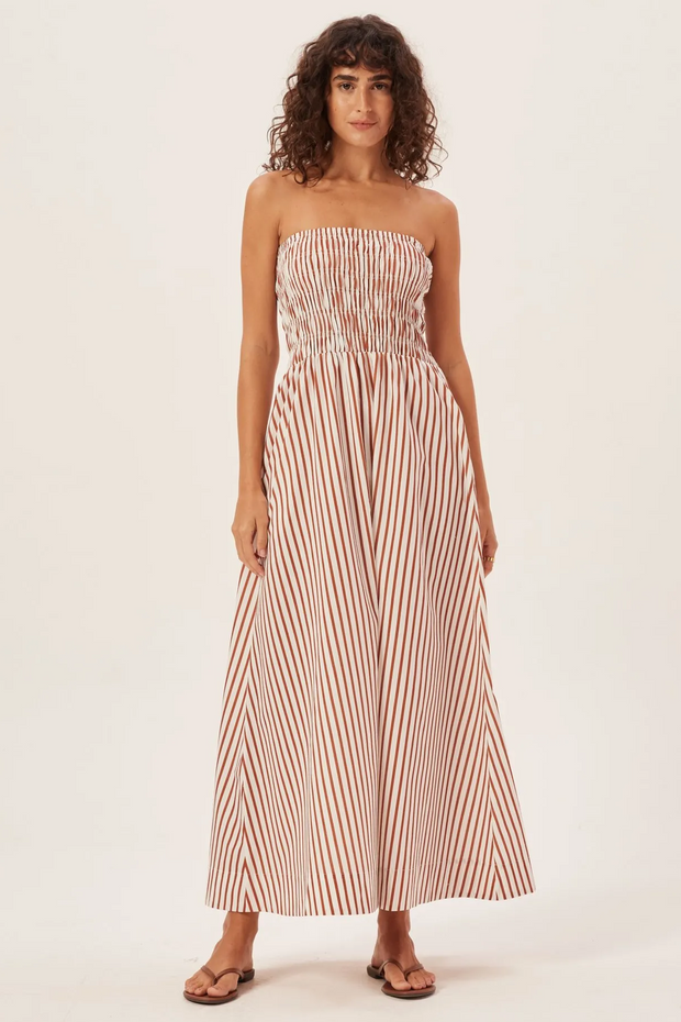 Maud – Gestreiftes, gesmoktes Maxi-Tube-Kleid im modernen Stil