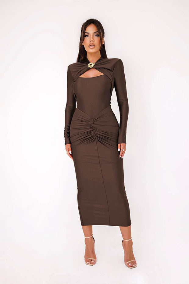 Langärmeliges, figurbetontes Midi-Party-Kleid im modernen Stil