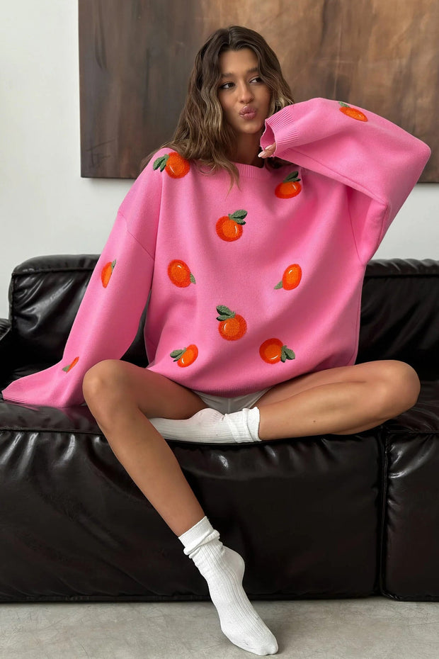 Mädchen Pullover aus orangefarbenem, floriertem Strick im modernen Stil