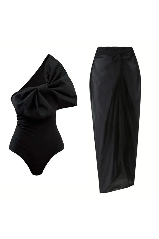 Schwarz-weißes Badeanzug-Set mit Schleife im modernen Stil