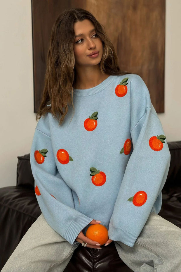 Mädchen Pullover aus orangefarbenem, floriertem Strick im modernen Stil