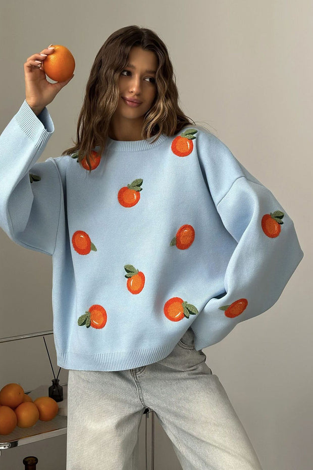 Mädchen Pullover aus orangefarbenem, floriertem Strick im modernen Stil