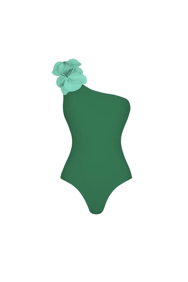 Grüner Ein-Schulter 3D-Blumen Badeanzug im modernen Stil