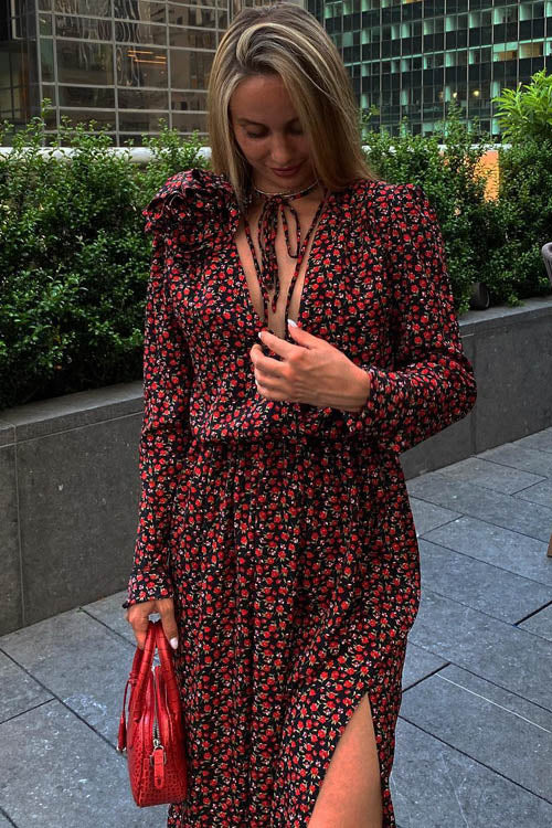 Bertha Blumen Midikleid mit V-Ausschnitt