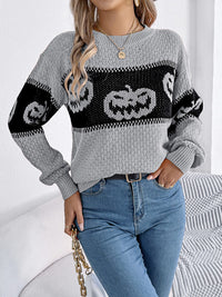 Halloween-Kürbiskopf-Farbblock-Strickpullover mit Rundhals
