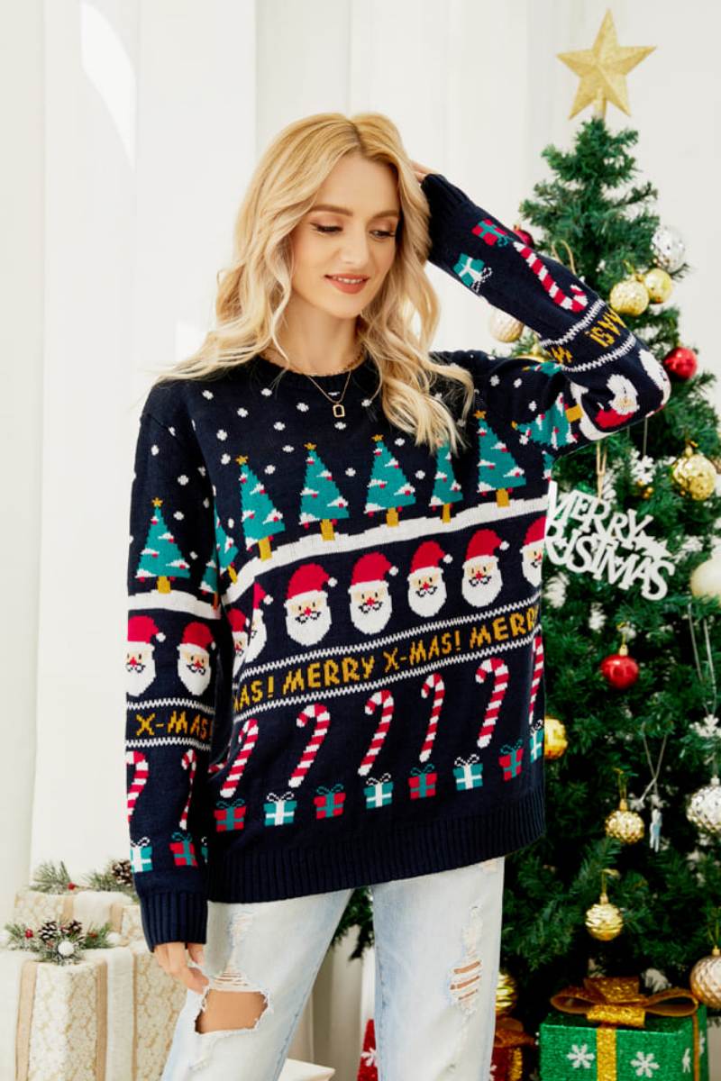 Locker sitzender Strickpullover mit Rundhals und Weihnachtsmotiv