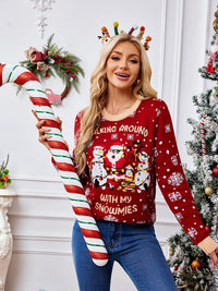 Lässiger, bestickter Pullover mit Rundhals – Weihnachtsmann und Pinguin