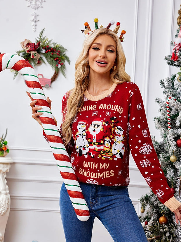 Lässiger, bestickter Pullover mit Rundhals – Weihnachtsmann und Pinguin