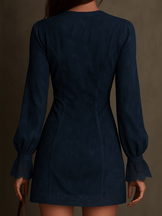 Vintage Mini-Kleid aus blauem Wildleder mit Spitzenbesatz im modernen Stil