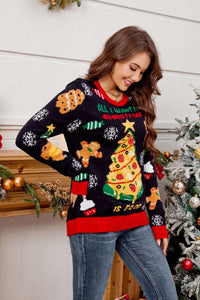 Lässiger, bestickter Weihnachtsbaumpullover mit Rundhals