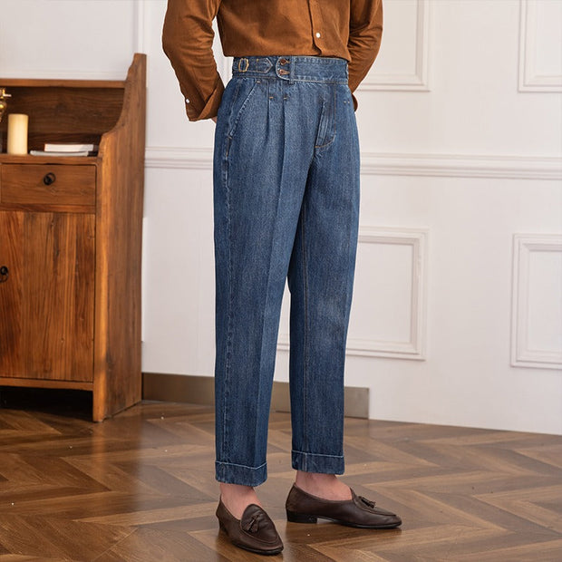 Hose aus Denim mit geradem Schnitt und Bundfalten im Vintage-Stil