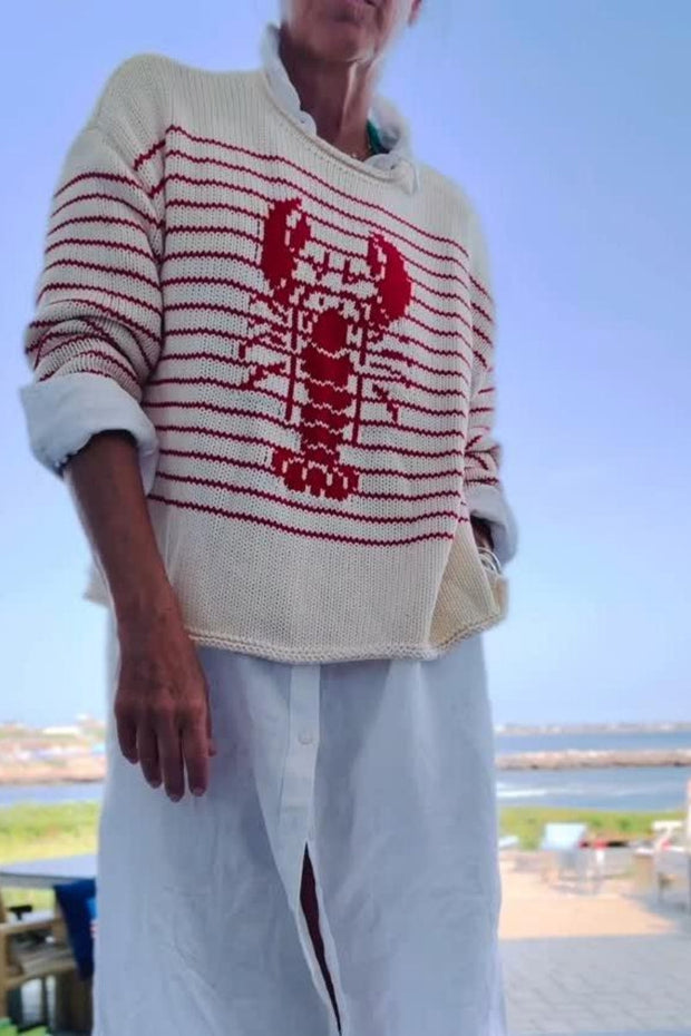 Pullover mit Hummer-Motiv in Creme und Rot gestreift im modernen Stil