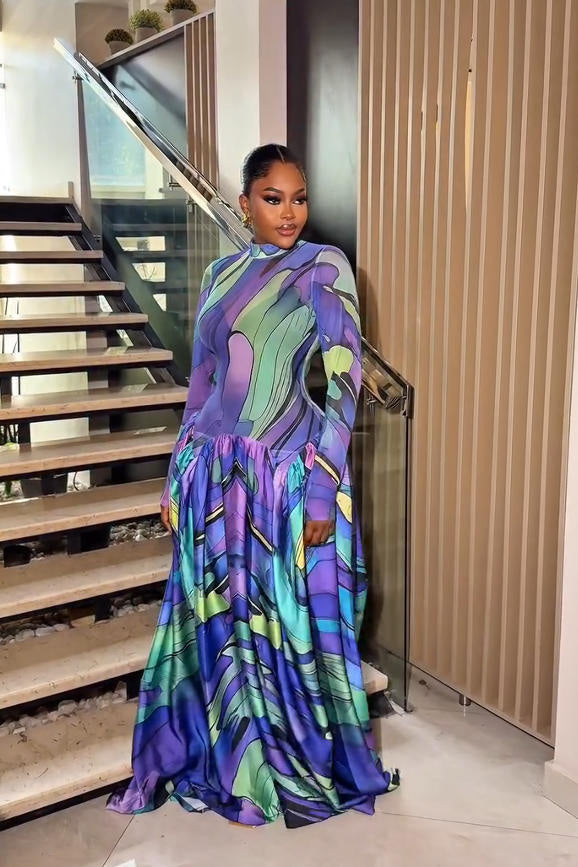 Maxikleid inspiriert von Blau Art-Paint