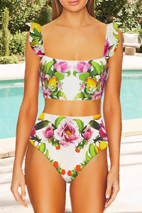 Bikini-Set mit Blumenmuster und hoher Taille im modernen Stil