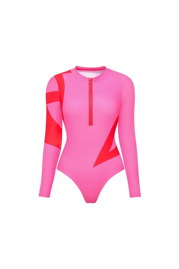 Farbblock Langarm-Surf-Badeanzug-Set