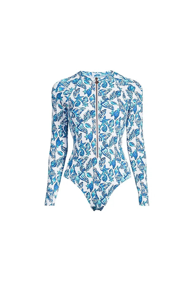 Grünes Reißverschluss-Set mit floralem Surf-Badeanzug im modernen Stil