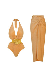 Goldener Neckholder Badeanzug mit tiefem V-Ausschnitt im modernen Stil