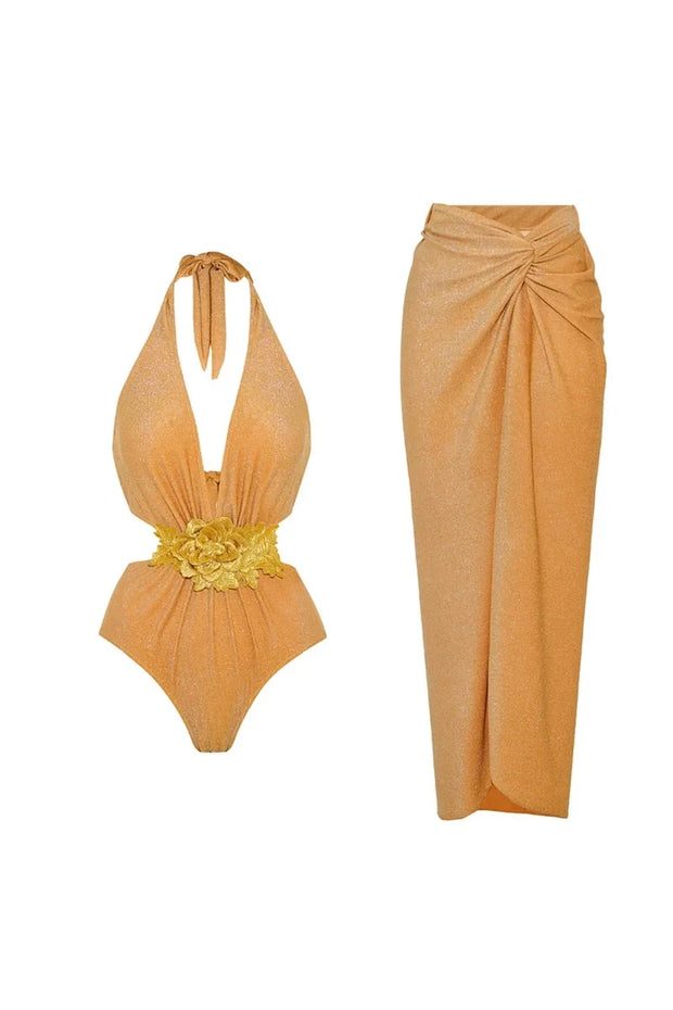Goldener Neckholder Badeanzug mit tiefem V-Ausschnitt im modernen Stil