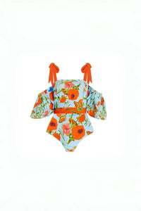 Floraler Bandeau-Einteiler mit Puffärmeln im modernen Stil