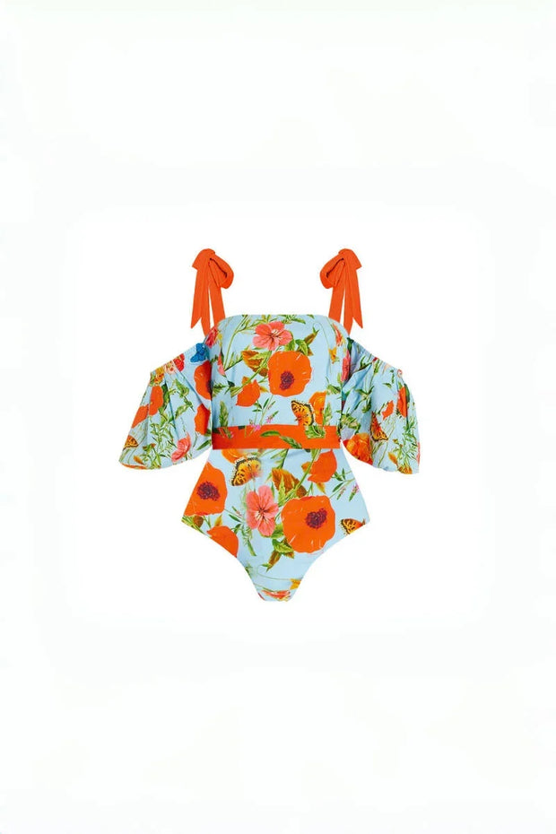 Floraler Bandeau-Einteiler mit Puffärmeln im modernen Stil