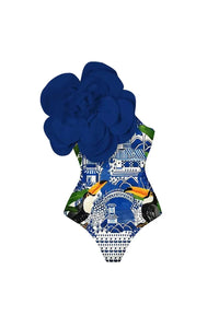 Blauer 3D-Blumenverzierter Badeanzug im modernen Stil