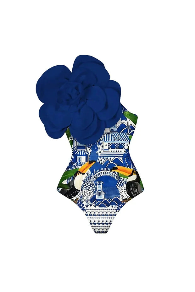 Blauer 3D-Blumenverzierter Badeanzug im modernen Stil