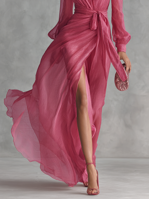 Elegantes Perlen-Chiffon-Maxikleid mit V-Ausschnitt