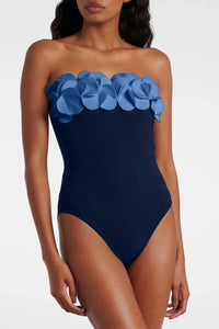 Blauer 3D-Blumen trägerloser Badeanzug im modernen Stil