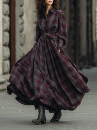 Retro elegantes Langes Kleid mit Karo-Muster, Laternenärmeln und Gürtel