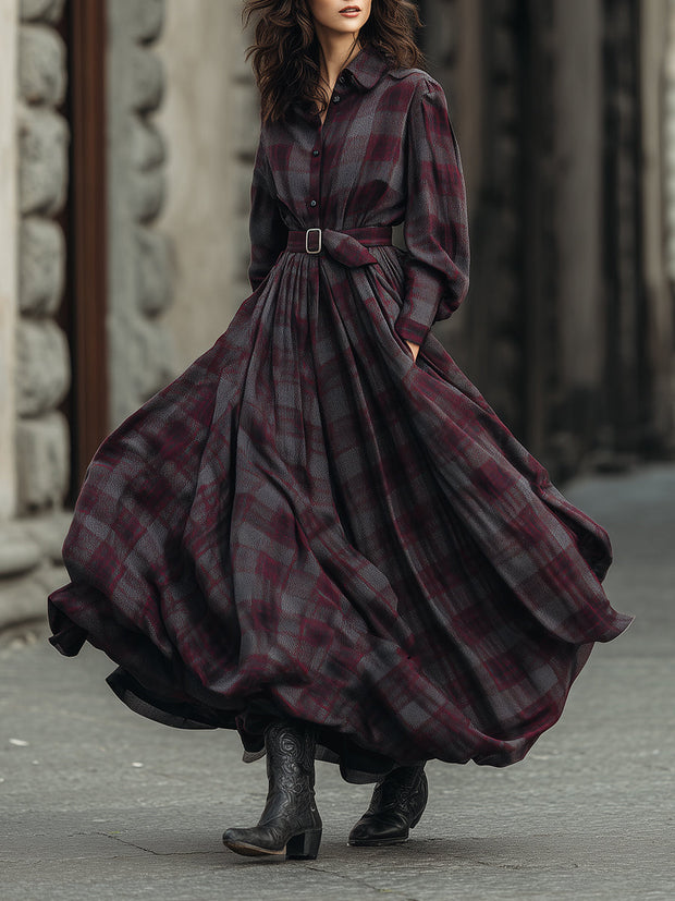 Retro elegantes Langes Kleid mit Karo-Muster, Laternenärmeln und Gürtel