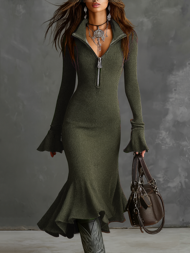Retro Strickkleid mit Reißverschluss am Hals, Trompetenärmeln und Midi-Länge im modernen Stil