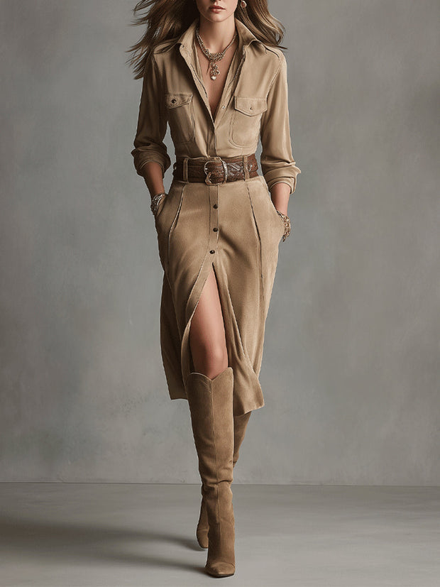 Midi-Kleid aus braunem modischem Wildleder