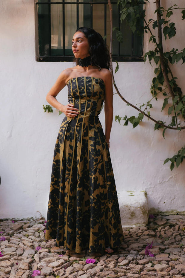 Vintage-Muster trägerloses Maxikleid