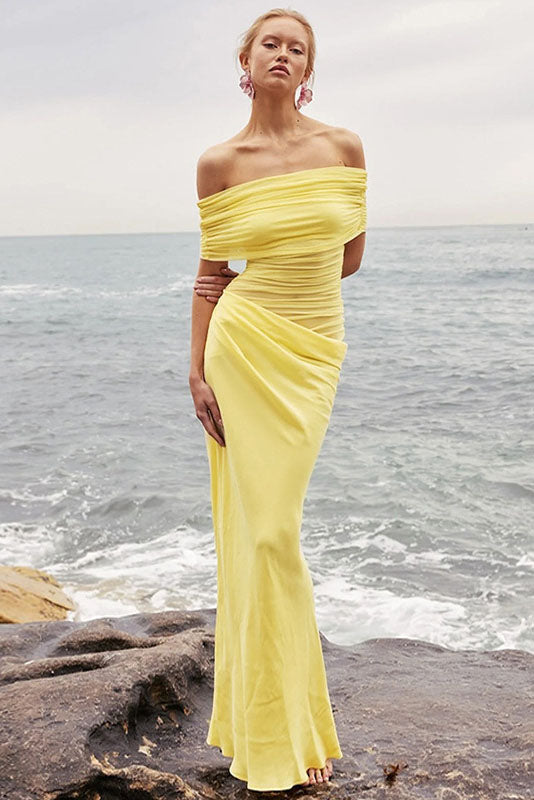 Maxikleid mit transparentem Netzstoff und schulterfreiem Schnitt