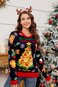 Lässiger, bestickter Weihnachtsbaumpullover mit Rundhals